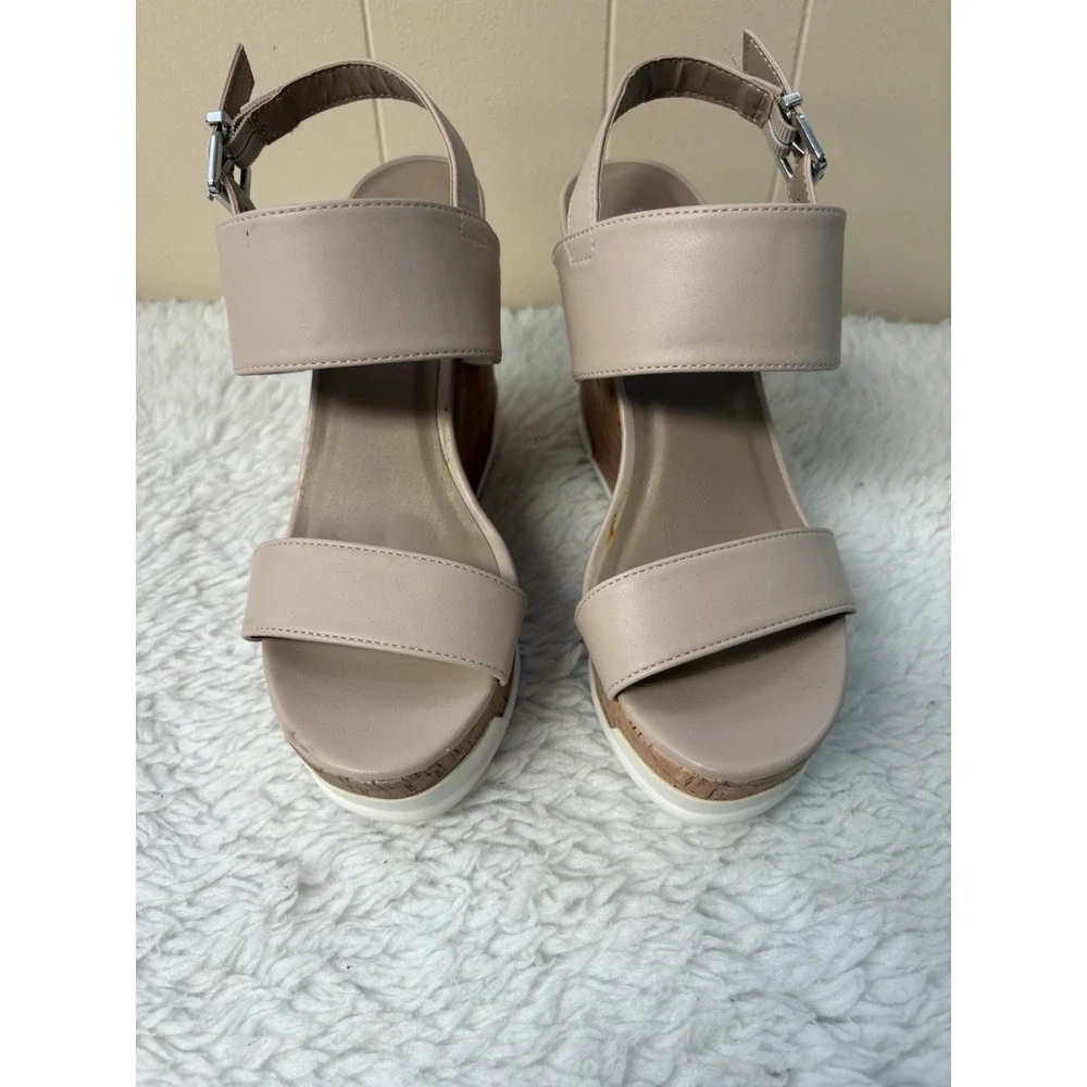 Nude Faux Leather Cork Wedge Platform Sandals Buckle Ankle Strap Beige 8M